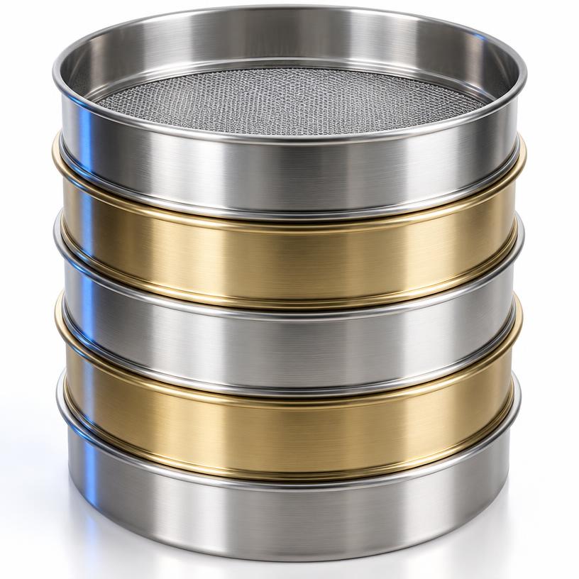 Stack of stainless-steel and brass laboratory test sieves